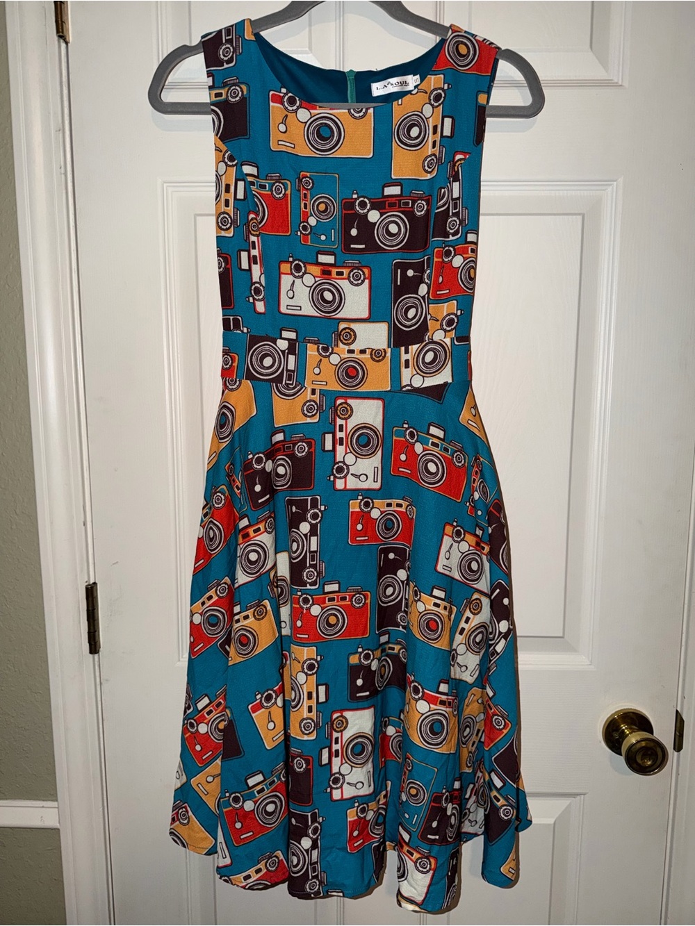 LA Soul Camera Print Teal A-Line Midi Dress